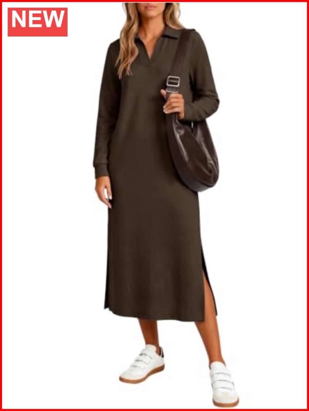 Long Sleeve Polo V-Neck Maxi Dress with Pockets